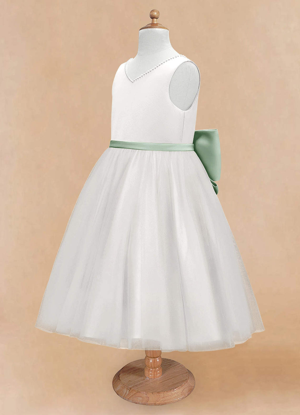 Geranium Elegant Pearl V-Neck Flower Girl Dress with Detachable Sage Green Satin Back Bow KD-298