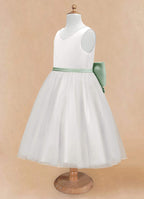 Geranium Elegant Pearl V-Neck Flower Girl Dress with Detachable Sage Green Satin Back Bow KD-298
