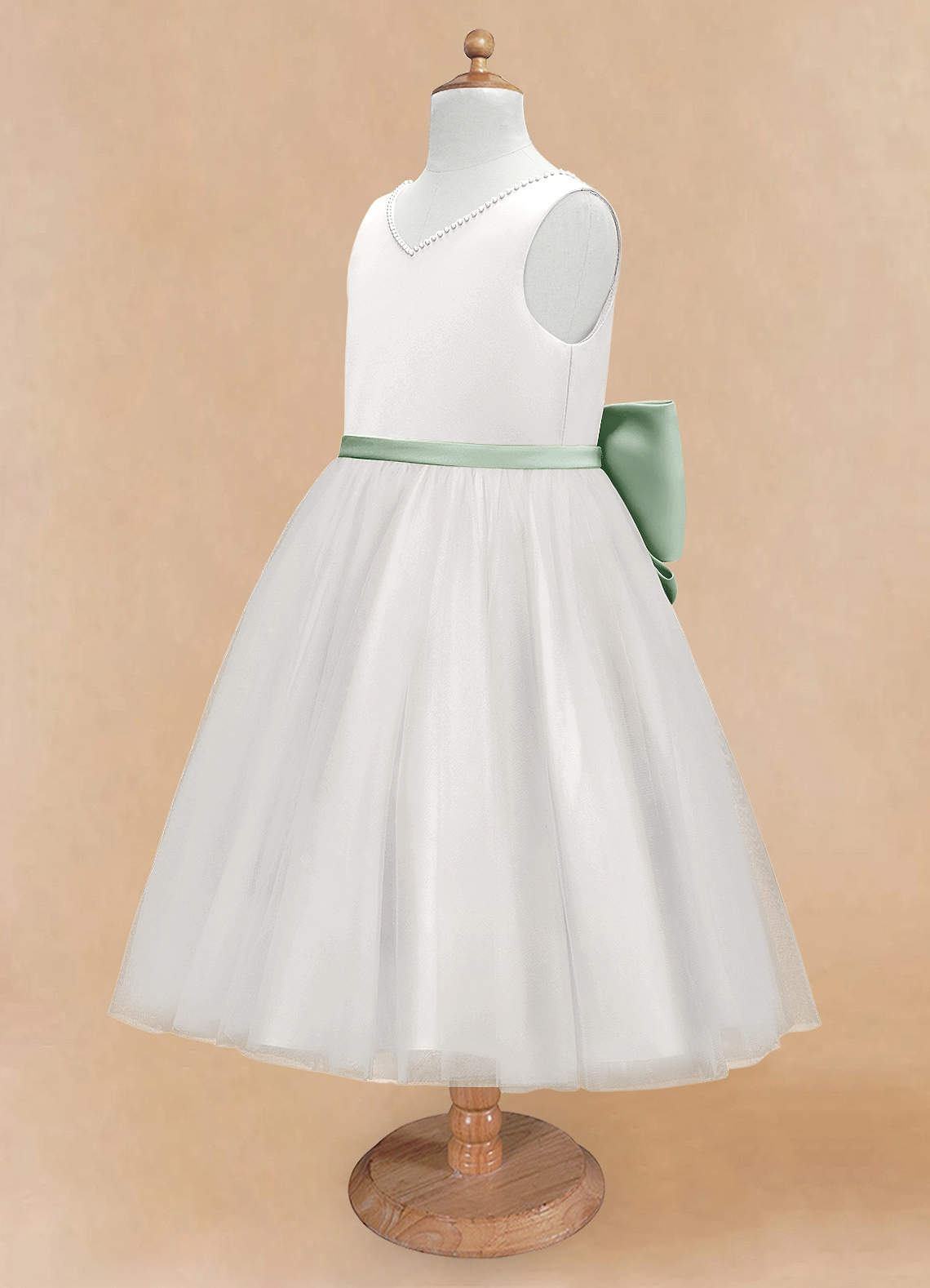 Geranium Elegant Pearl V-Neck Flower Girl Dress with Detachable Sage Green Satin Back Bow KD-298