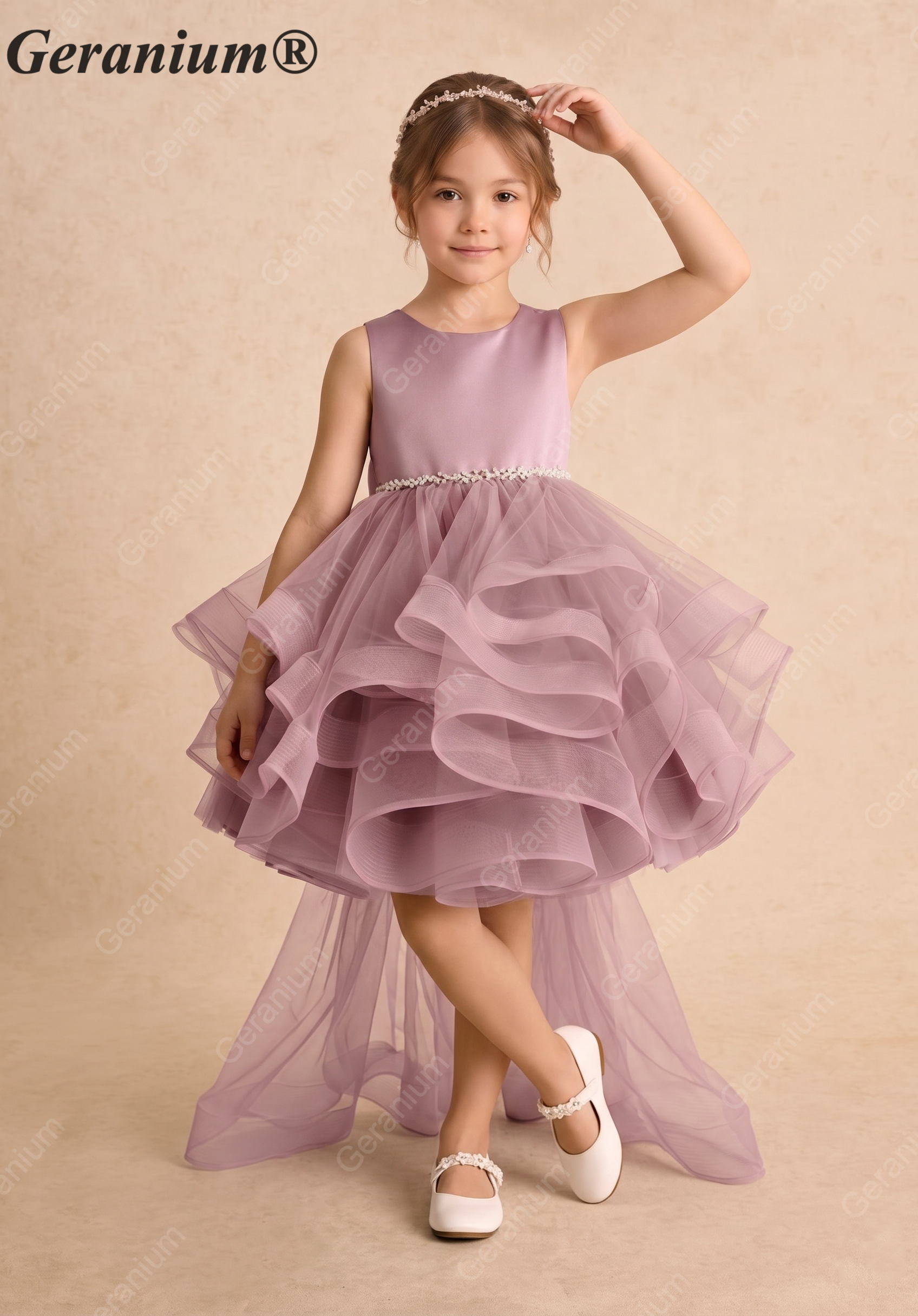 Garanium Girls Dusty Rose Multi-Tiered Tulle Party Dress - Luxury Pearl Waistband & Detachable Bow Train Flower Girl Gown KD-287 Main image