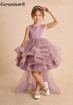 Garanium Girls Dusty Rose Multi-Tiered Tulle Party Dress - Luxury Pearl Waistband & Detachable Bow Train Flower Girl Gown KD-287