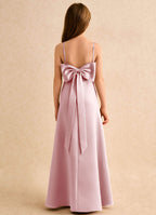 Geranium Dusty Rose Satin A-Line Flower Girl Dress with Bow Back – Spaghetti Strap Junior Bridesmaid Maxi Dress KD-150