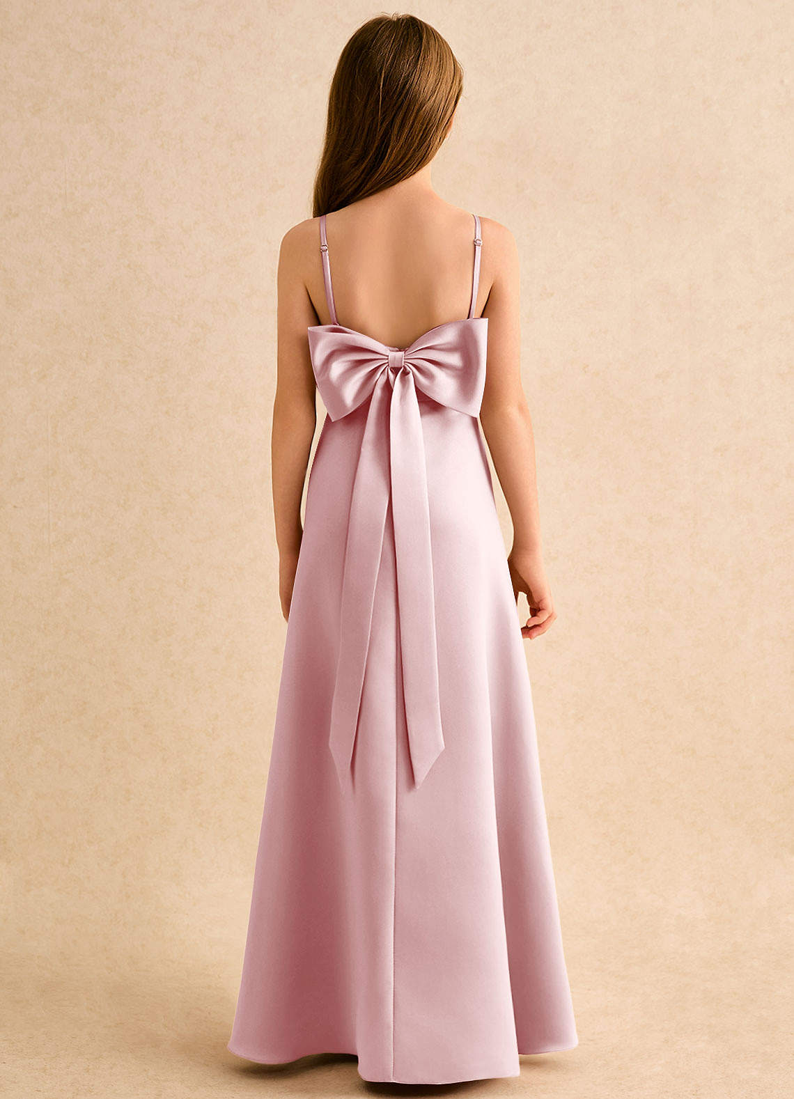 Geranium Dusty Rose Satin A-Line Flower Girl Dress with Bow Back – Spaghetti Strap Junior Bridesmaid Maxi Dress KD-150