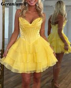 Geranium Strapless Satin Corset Tiered Mini Homecoming Dress – GER710P