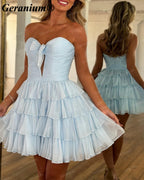 Geranium Strapless Ruched Bow Tiered Mini Homecoming Dress – GER712P