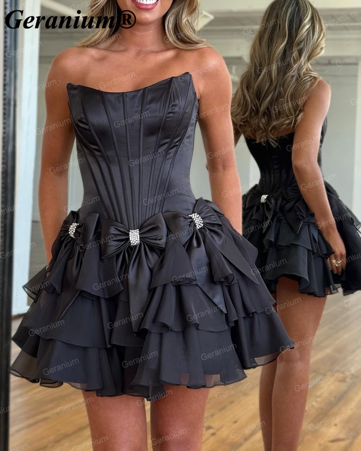 Geranium Strapless Satin Corset Bow Mini Homecoming Dress – GER711P