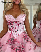 GERANIUM Pink Floral Corset Homecoming Dress with Tiered Ruffle Skirt GER688P