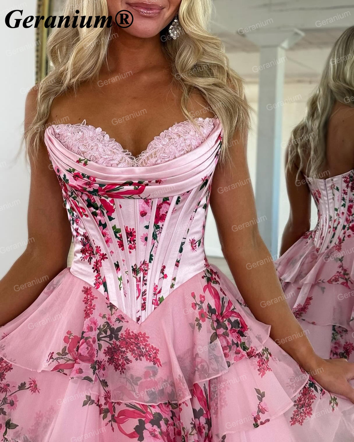 GERANIUM Pink Floral Corset Homecoming Dress with Tiered Ruffle Skirt GER688P