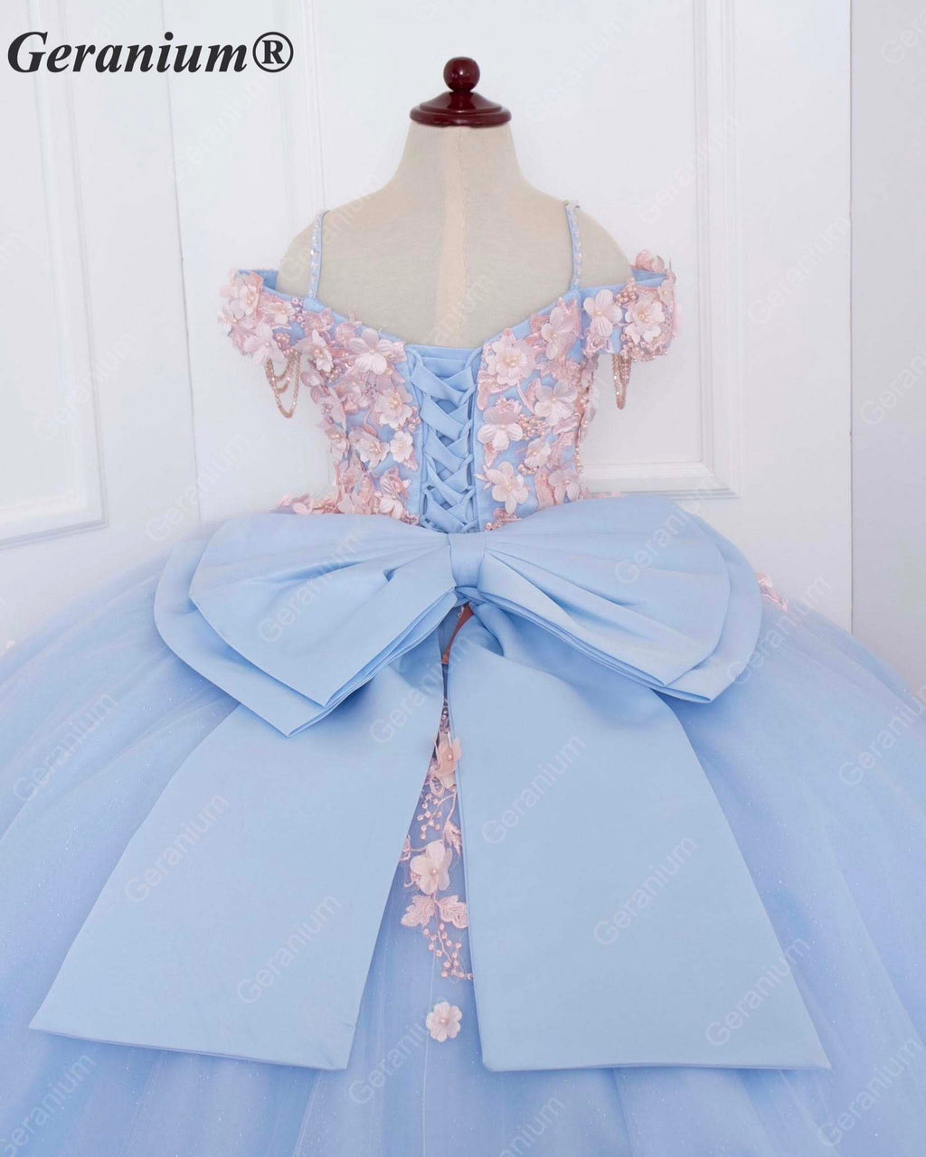 GeraniumGorgeous Light Blue Junior Ball Gown with Pink 3D Floral Applique & Oversized Bow | Off-Shoulder Tulle Dress KD-374