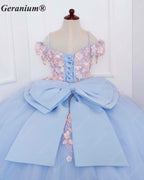 GeraniumGorgeous Light Blue Junior Ball Gown with Pink 3D Floral Applique & Oversized Bow | Off-Shoulder Tulle Dress KD-374