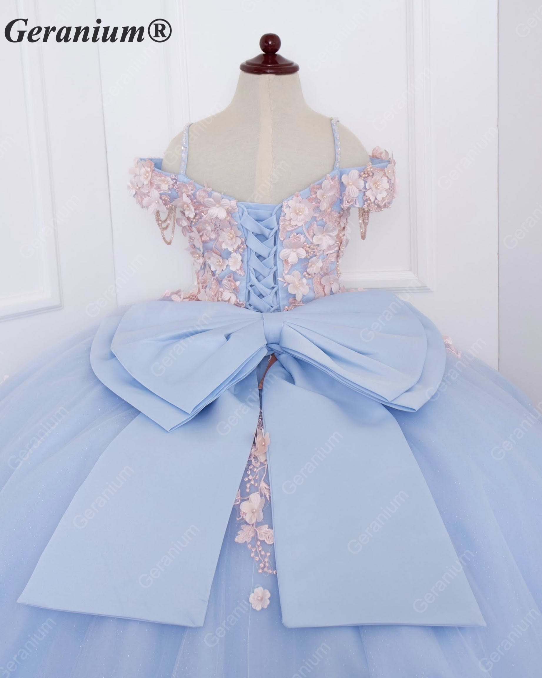 GeraniumGorgeous Light Blue Junior Ball Gown with Pink 3D Floral Applique & Oversized Bow | Off-Shoulder Tulle Dress KD-374