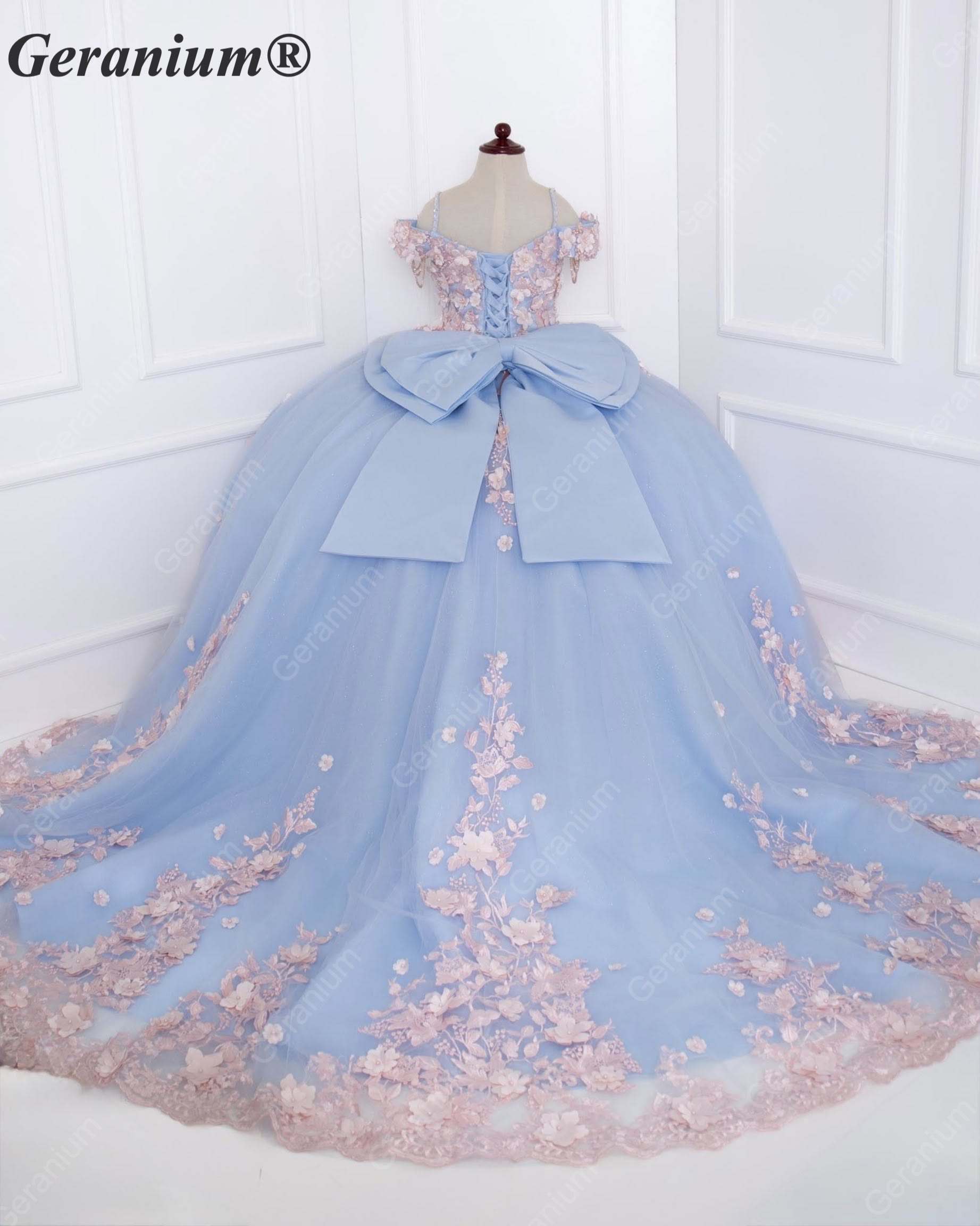 GeraniumGorgeous Light Blue Junior Ball Gown with Pink 3D Floral Applique & Oversized Bow | Off-Shoulder Tulle Dress KD-374