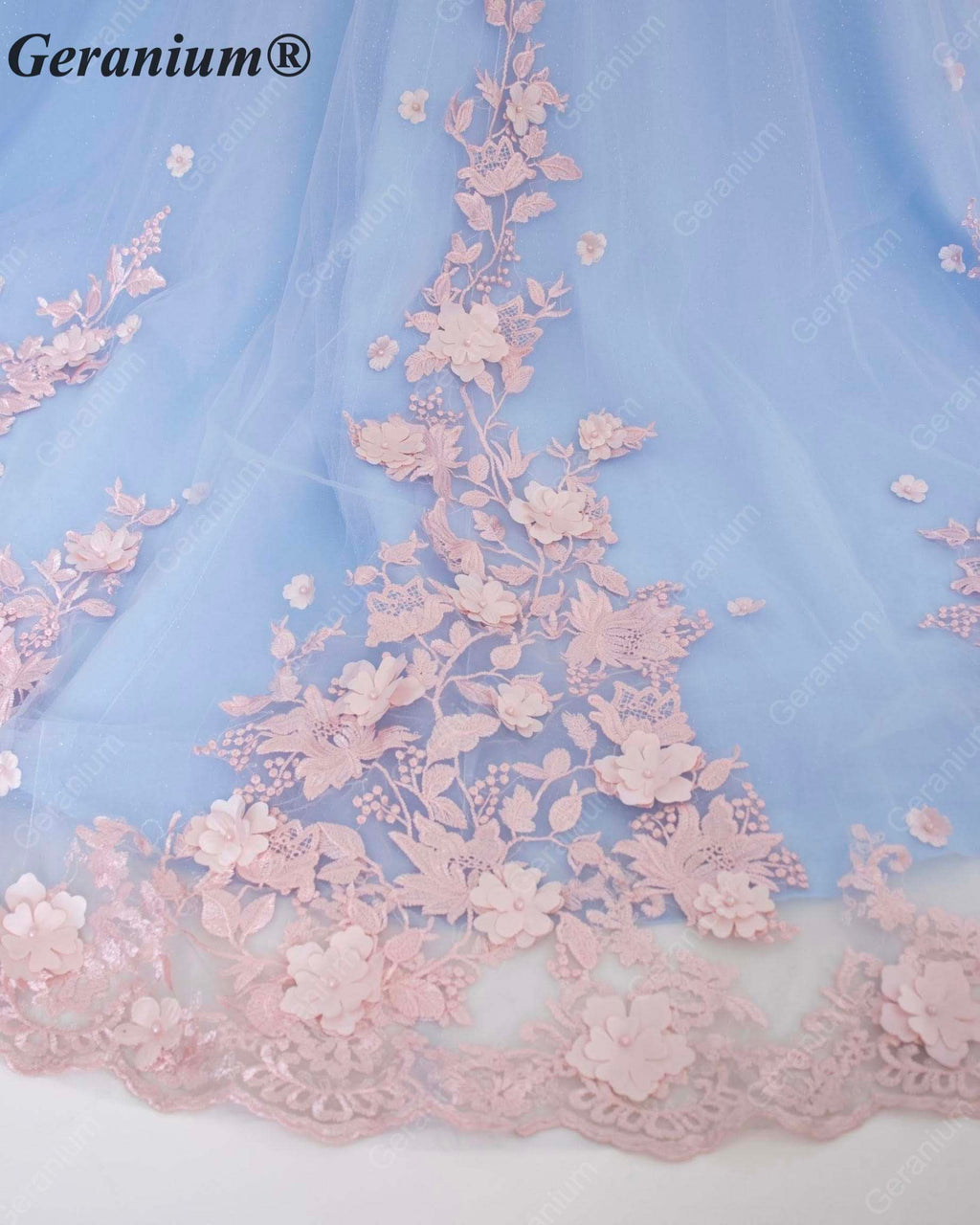 GeraniumGorgeous Light Blue Junior Ball Gown with Pink 3D Floral Applique & Oversized Bow | Off-Shoulder Tulle Dress KD-374
