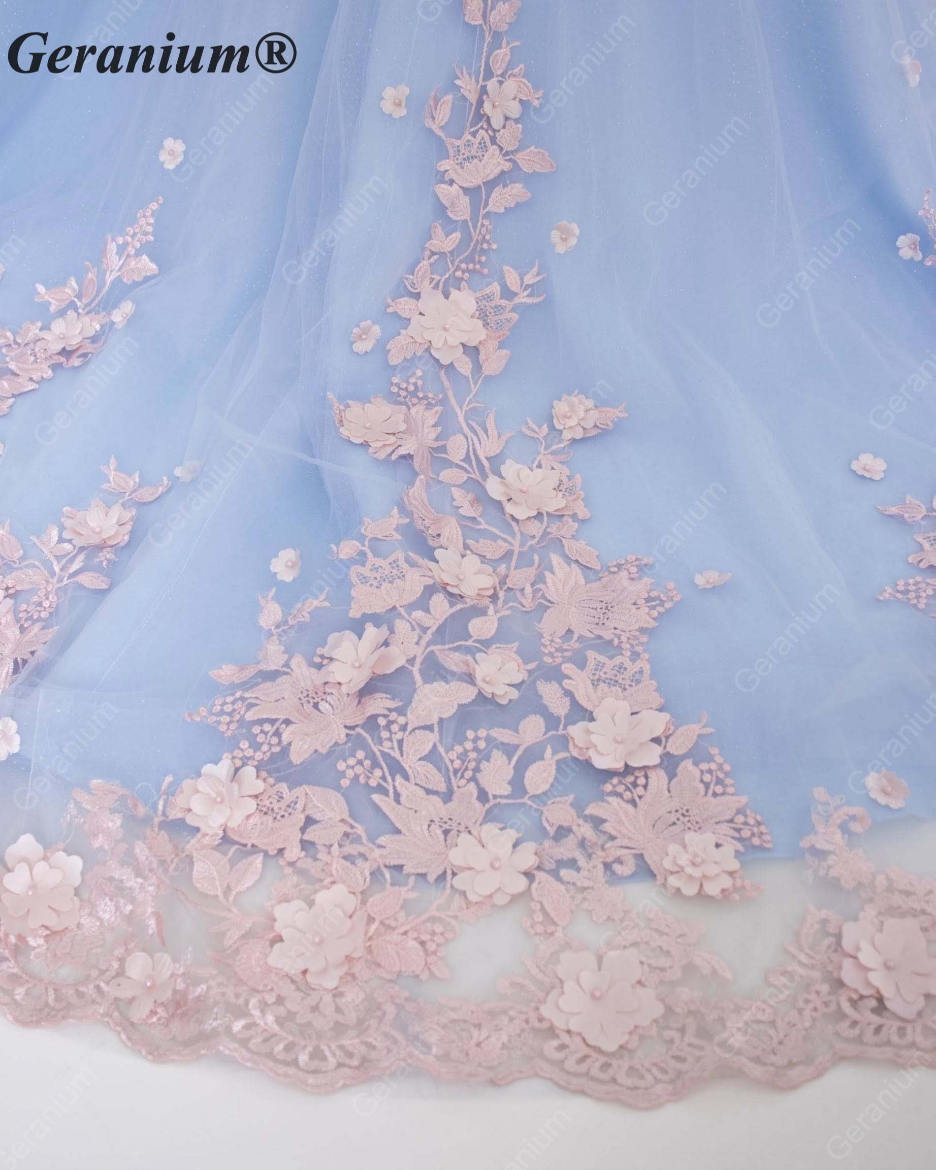 GeraniumGorgeous Light Blue Junior Ball Gown with Pink 3D Floral Applique & Oversized Bow | Off-Shoulder Tulle Dress KD-374