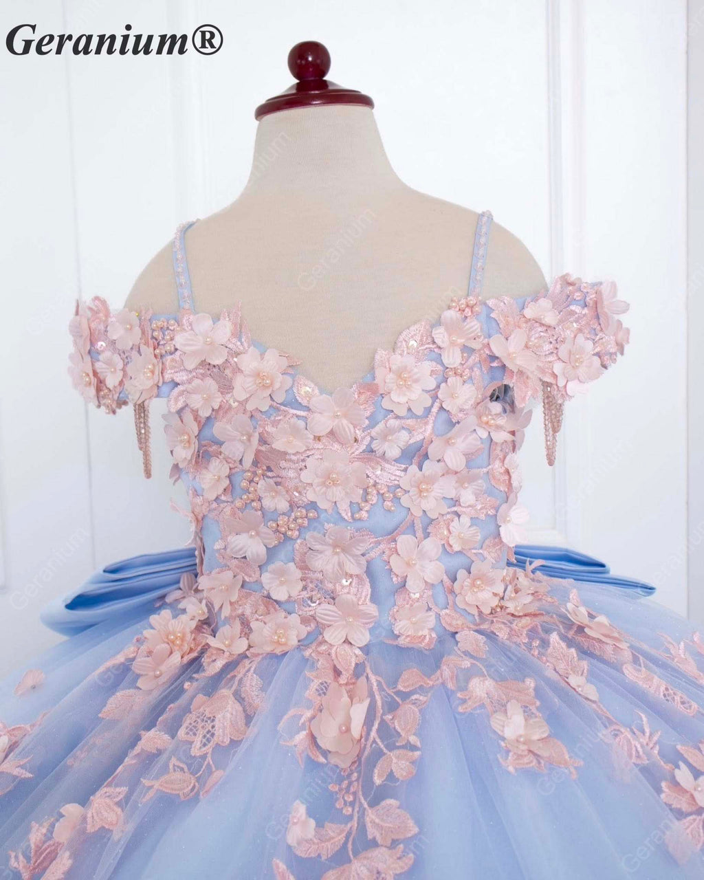 GeraniumGorgeous Light Blue Junior Ball Gown with Pink 3D Floral Applique & Oversized Bow | Off-Shoulder Tulle Dress KD-374