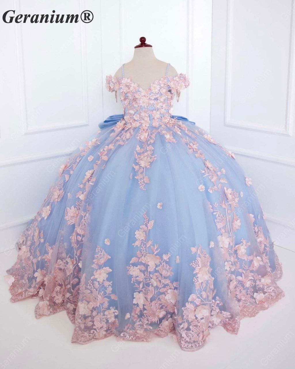 GeraniumGorgeous Light Blue Junior Ball Gown with Pink 3D Floral Applique & Oversized Bow | Off-Shoulder Tulle Dress KD-374