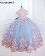 GeraniumGorgeous Light Blue Junior Ball Gown with Pink 3D Floral Applique & Oversized Bow | Off-Shoulder Tulle Dress KD-374