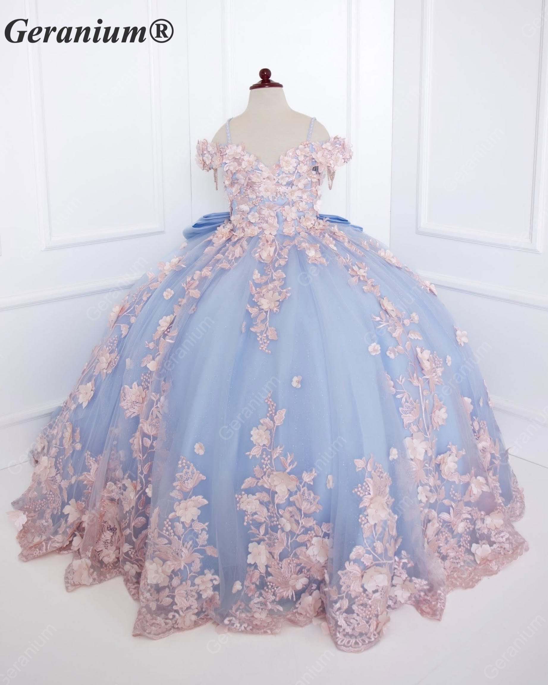 GeraniumGorgeous Light Blue Junior Ball Gown with Pink 3D Floral Applique & Oversized Bow | Off-Shoulder Tulle Dress KD-374