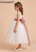 Geranium Elegant White Tulle Flower Girl Dress with Dusty Rose Sash & Oversized Back Bow KD-195