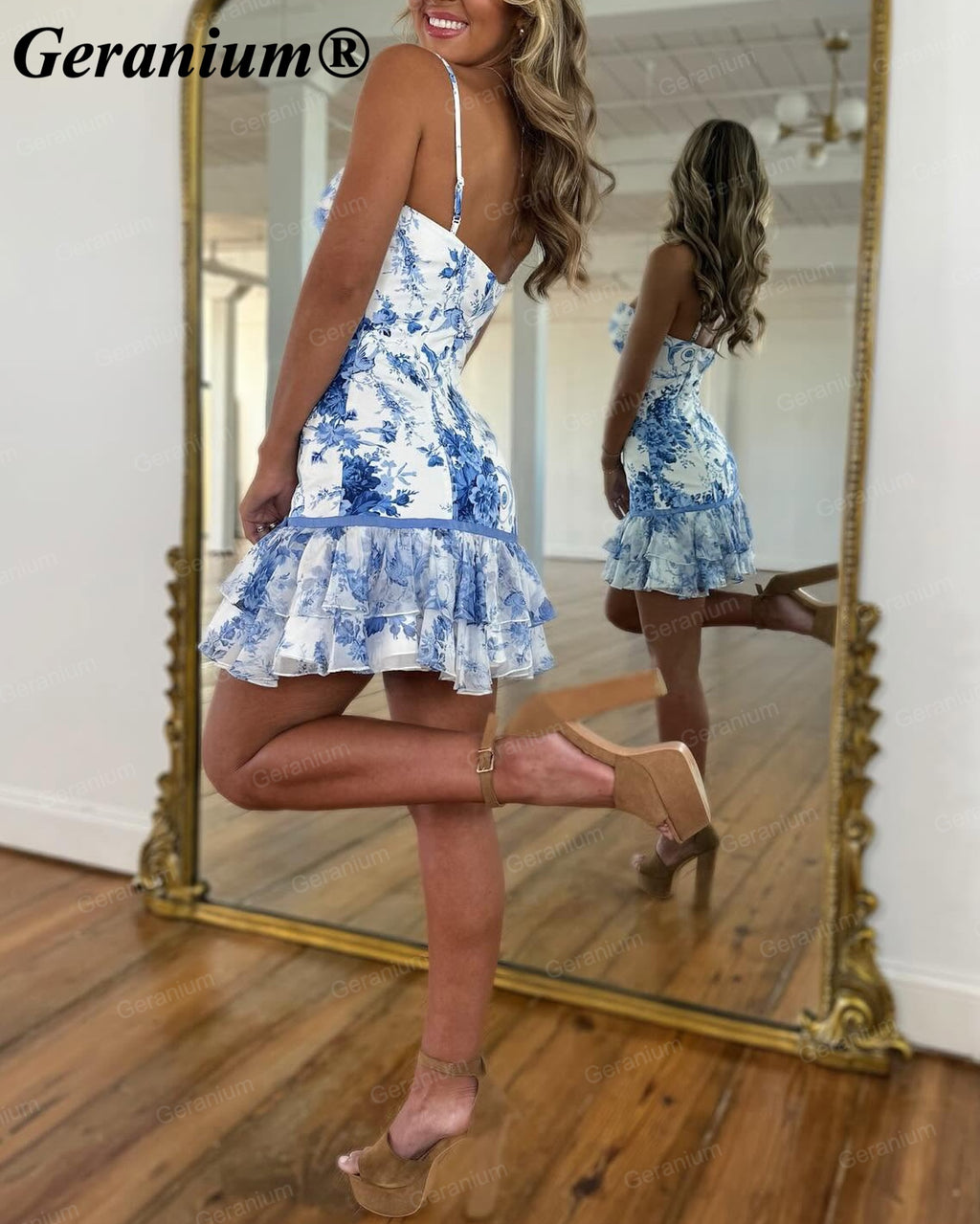 Geranium Blue Floral Sweetheart Mini Prom Dress with Ruffle Hem – GER729P