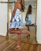Geranium Blue Floral Sweetheart Mini Prom Dress with Ruffle Hem – GER729P