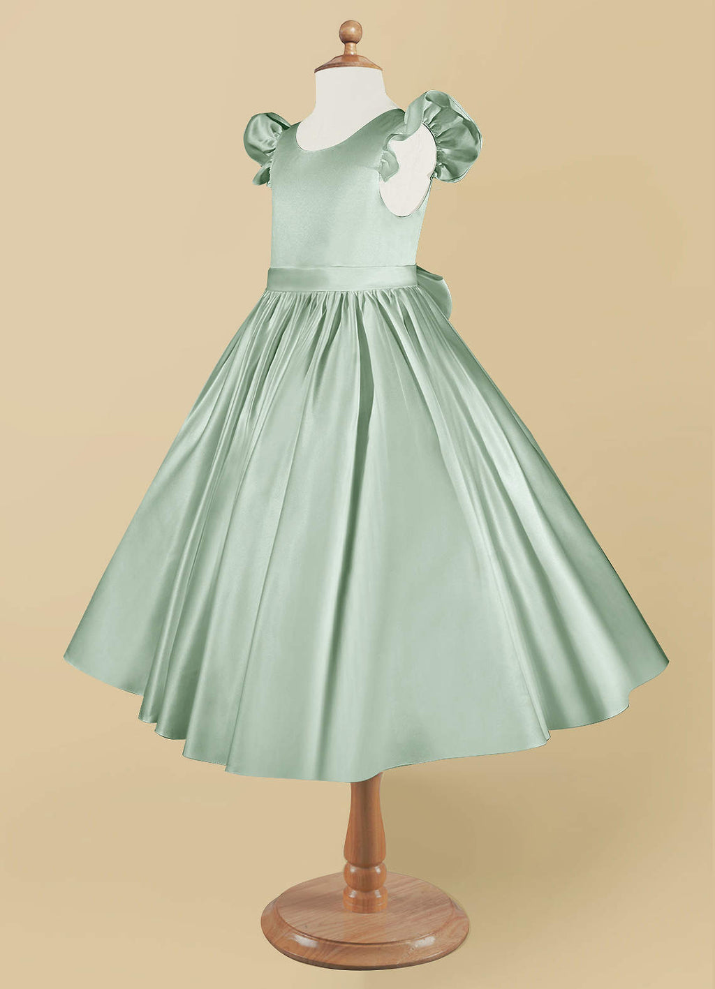 Geranium Mint Green Satin Flower Girl Dress with Flutter Sleeves & Back Bow - Elegant A-Line Communion Party Gown KD-252