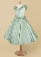 Geranium Mint Green Satin Flower Girl Dress with Flutter Sleeves & Back Bow - Elegant A-Line Communion Party Gown KD-252