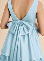 Geranium Elegant Dusty Blue Tiered Chiffon Junior Bridesmaid Dress with Bow Back – Sleeveless A-Line Floor Length KD-64