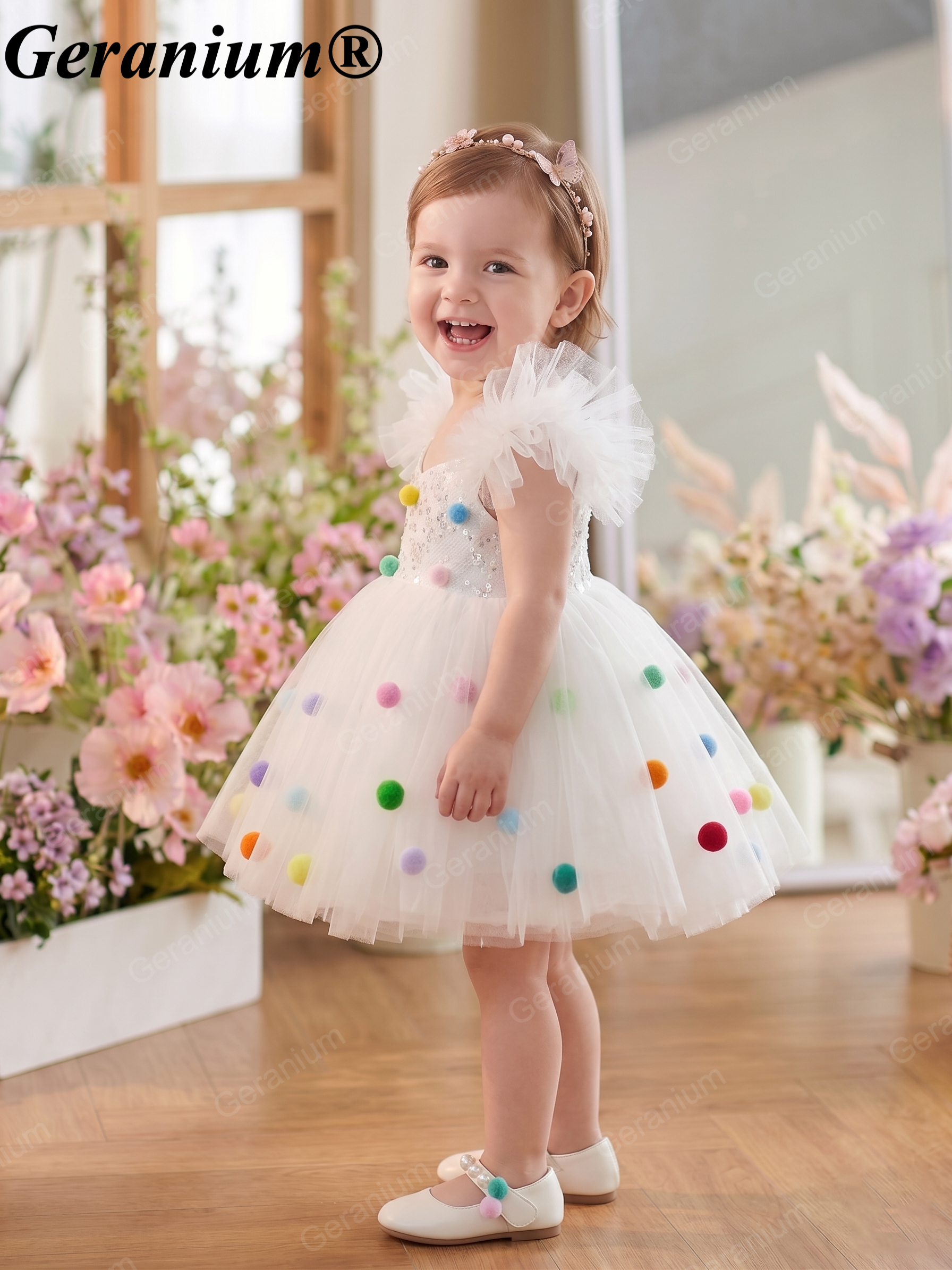 Geranium Toddler Girl Sparkly White Tulle Pom-Pom Party Dress - Sequin Birthday Gown & Flower Girl Outfit KD-31 Secondary image