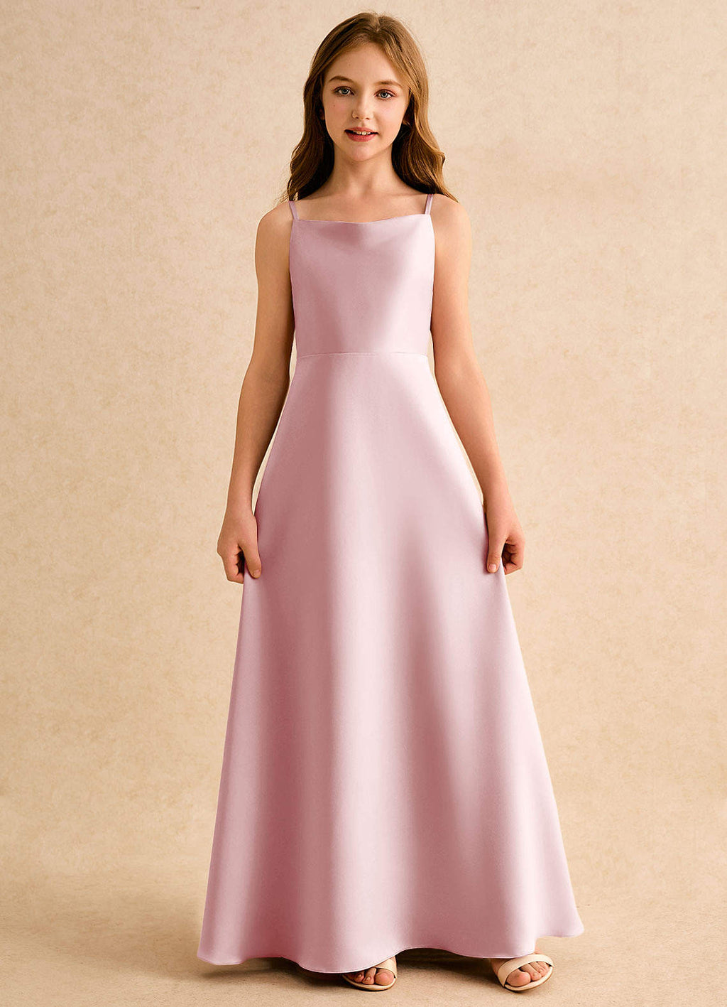 Geranium Dusty Rose Satin A-Line Flower Girl Dress with Bow Back – Spaghetti Strap Junior Bridesmaid Maxi Dress KD-150