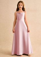 Geranium Dusty Rose Satin A-Line Flower Girl Dress with Bow Back – Spaghetti Strap Junior Bridesmaid Maxi Dress KD-150