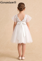 Geranium Elegant Lace Flower Girl Dress with Flutter Sleeves & Satin Bow - Knee Length Tulle Princess Gown KD-247