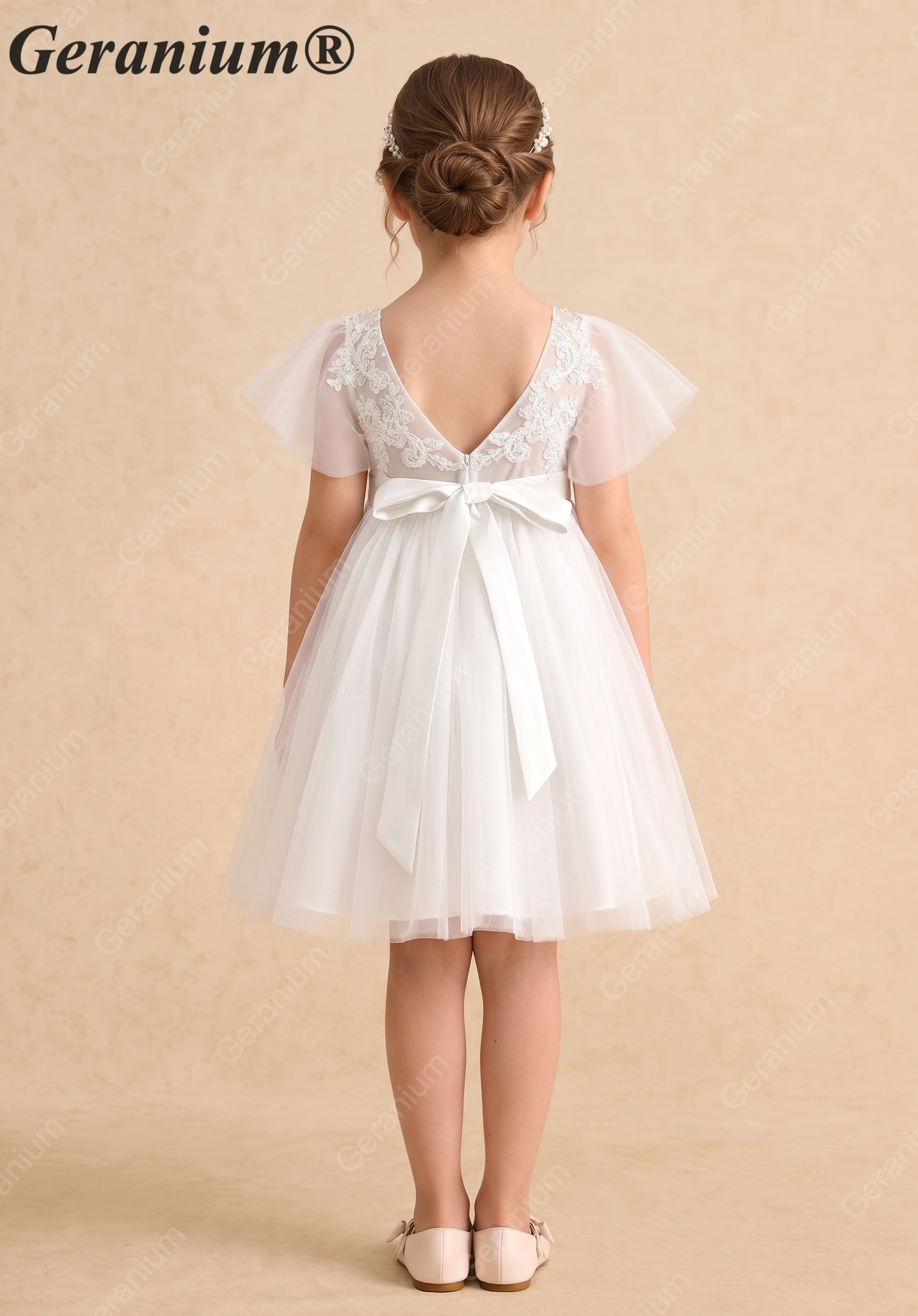 Geranium Elegant Lace Flower Girl Dress with Flutter Sleeves & Satin Bow - Knee Length Tulle Princess Gown KD-247