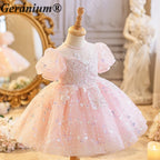 Geranium Sparkling Pink Sequined Flower Girl Dress with Puff Sleeves - Enchanted Butterfly Toddler Princess Gown for Birthdays & Weddings KD-367