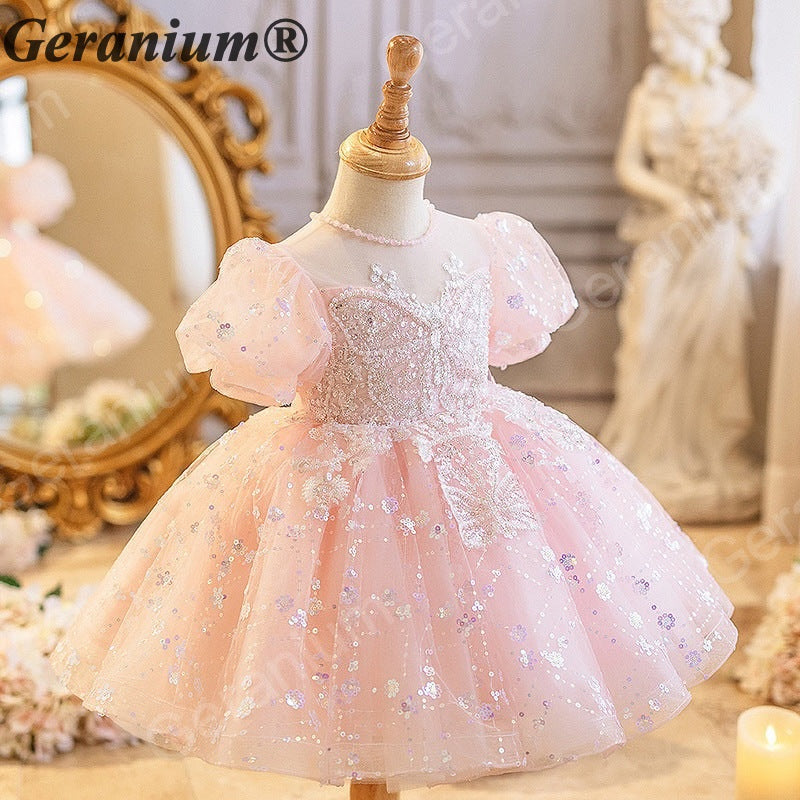 Geranium Sparkling Pink Sequined Flower Girl Dress with Puff Sleeves - Enchanted Butterfly Toddler Princess Gown for Birthdays & Weddings KD-367