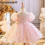 Geranium Sparkling Pink Sequined Flower Girl Dress with Puff Sleeves - Enchanted Butterfly Toddler Princess Gown for Birthdays & Weddings KD-367