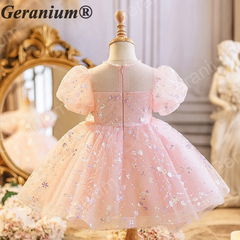 Geranium Sparkling Pink Sequined Flower Girl Dress with Puff Sleeves - Enchanted Butterfly Toddler Princess Gown for Birthdays & Weddings KD-367