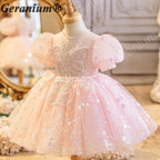 Geranium Sparkling Pink Sequined Flower Girl Dress with Puff Sleeves - Enchanted Butterfly Toddler Princess Gown for Birthdays & Weddings KD-367