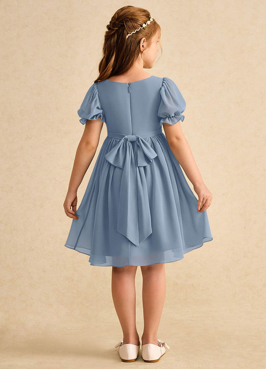 Geranium Elegant Square Neck Chiffon Flower Girl Dress with Puff Sleeves and Detachable Back Bow KD-301