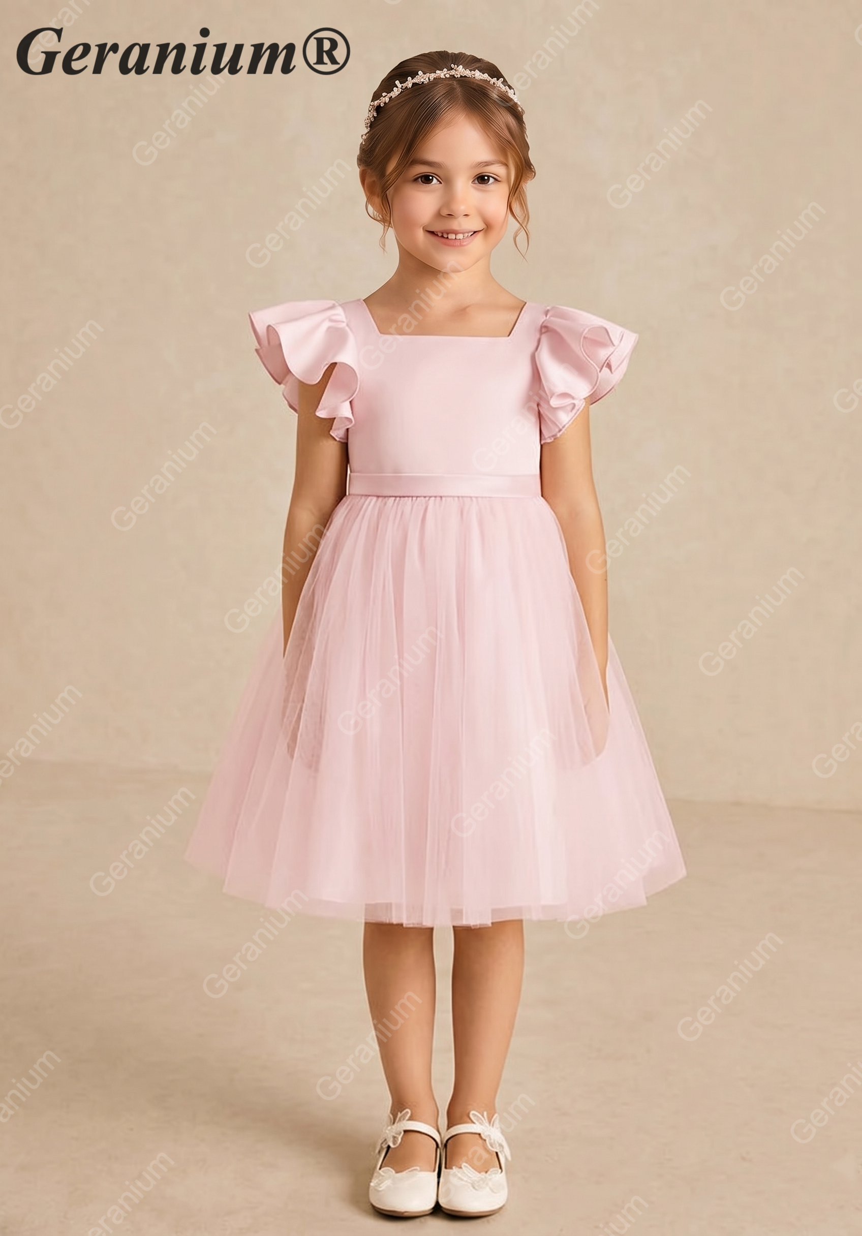 Geranium Girls Pink Ruffle Sleeve Satin Tulle Tutu Dress - Flower Girl Gown with Oversized Bow KD-219 Secondary image
