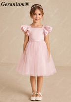 Geranium Girls Pink Ruffle Sleeve Satin Tulle Tutu Dress - Flower Girl Gown with Oversized Bow KD-219