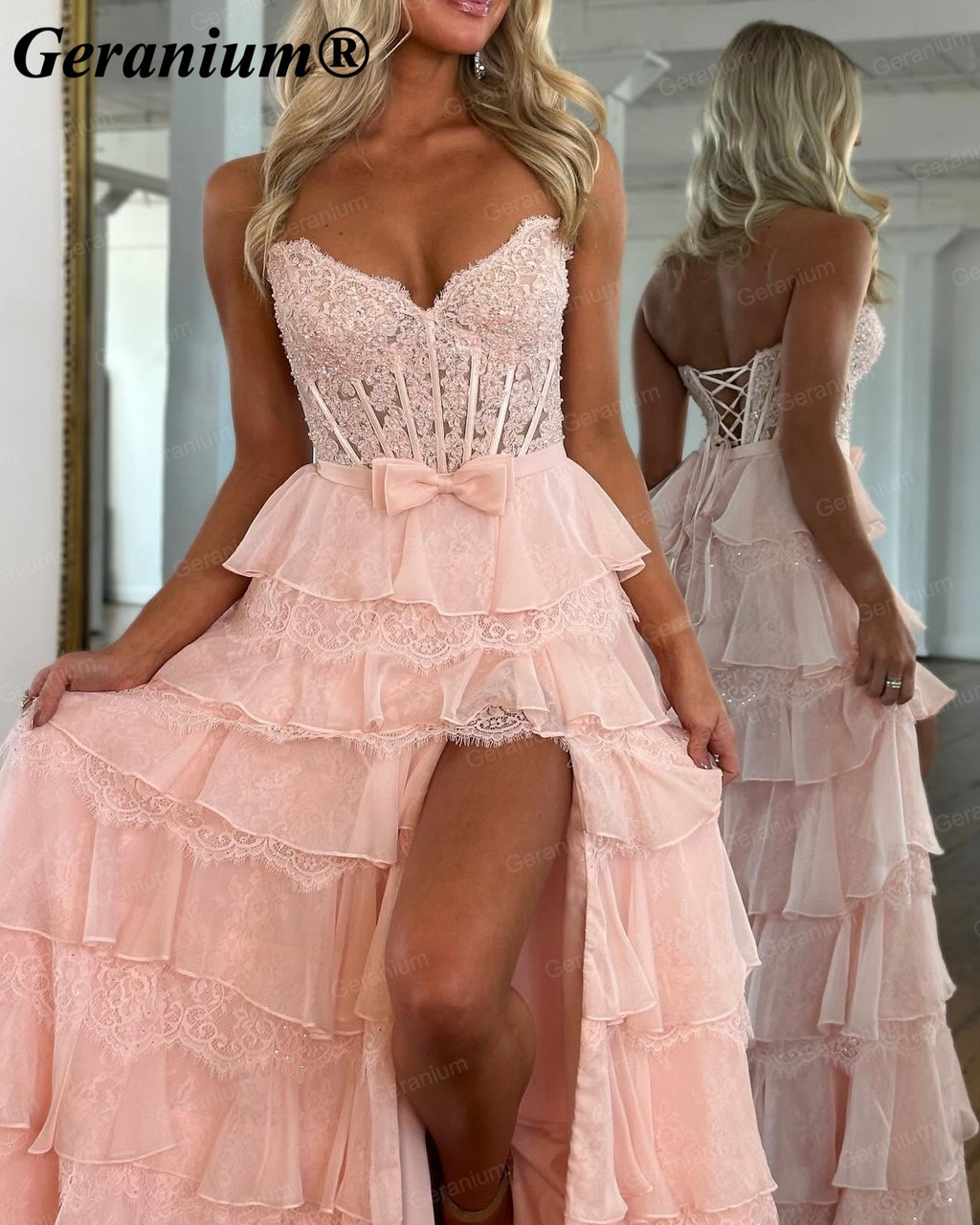GERANIUM Sweetheart Corset Tiered Ruffle A-Line Prom Dress GER690P