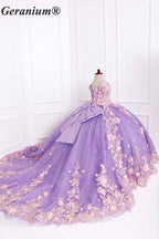Geranium Elegant Lavender 3D Floral Off-Shoulder Girls Ball Gown Princess Dress KD-382