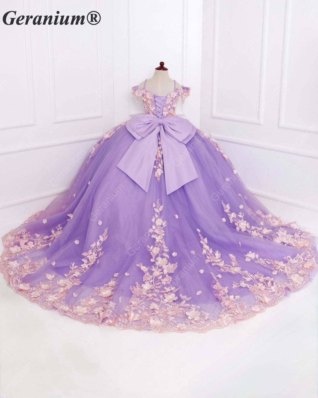 Geranium Elegant Lavender 3D Floral Off-Shoulder Girls Ball Gown Princess Dress KD-382