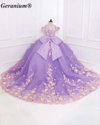 Geranium Elegant Lavender 3D Floral Off-Shoulder Girls Ball Gown Princess Dress KD-382