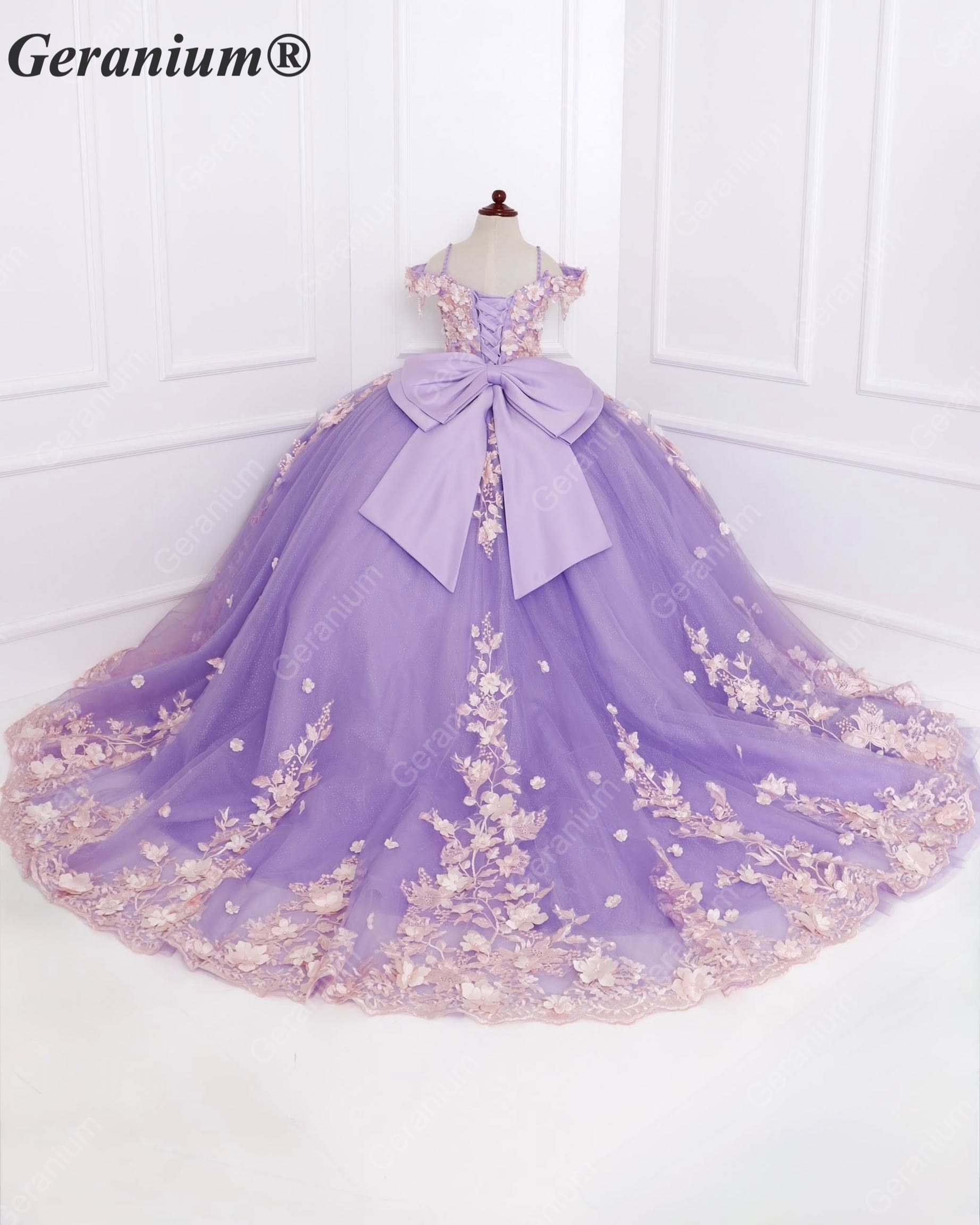 Geranium Elegant Lavender 3D Floral Off-Shoulder Girls Ball Gown Princess Dress KD-382