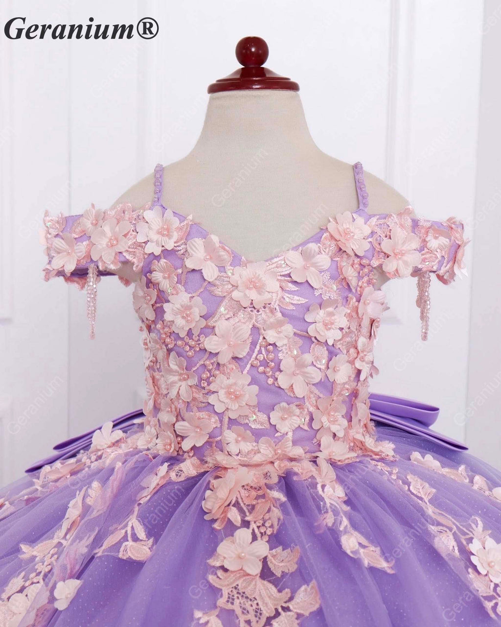 Geranium Elegant Lavender 3D Floral Off-Shoulder Girls Ball Gown Princess Dress KD-382