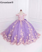 Geranium Elegant Lavender 3D Floral Off-Shoulder Girls Ball Gown Princess Dress KD-382