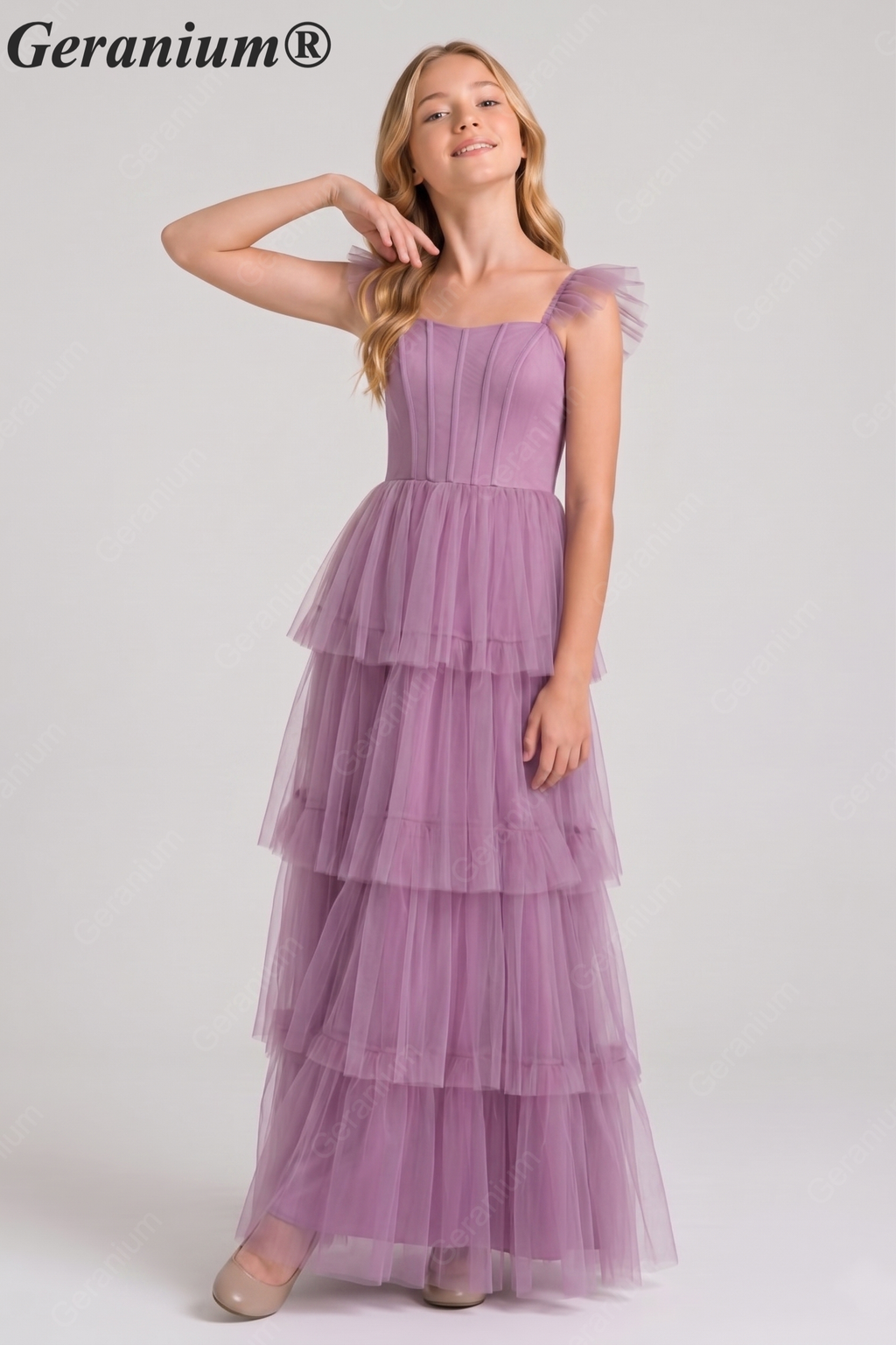 Geranium Fairy-tale Square Neck Tiered Tulle Gown with Corset Bodice for Bridesmaid & Prom KD-325