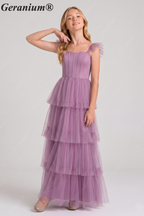 Geranium Fairy-tale Square Neck Tiered Tulle Gown with Corset Bodice for Bridesmaid & Prom KD-325